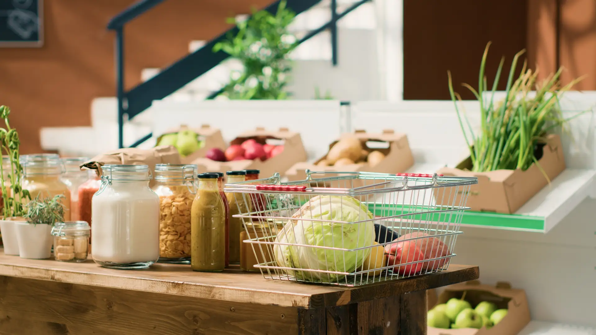 Grocery products and fresh ingredients on display